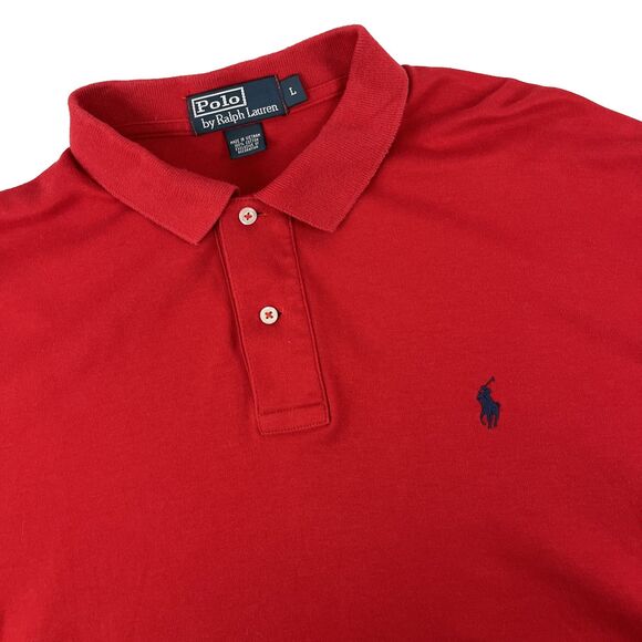 Mens Polo Ralph Lauren Short Sleeve Polo Shirt Sz L Red Blue Pony - Picture 1 of 6